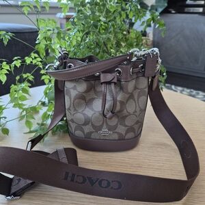 Coach Brown Signature Canvas Mini Bucket Crossbody Bag